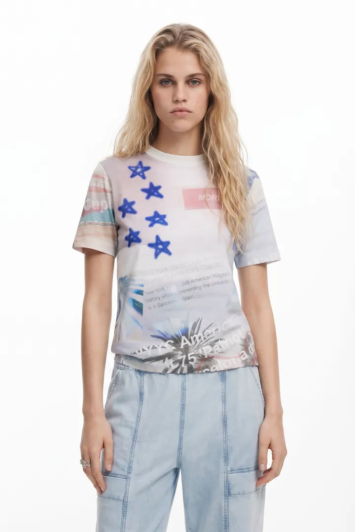 Desigual, Camiseta estampada American Magic, Algodon, Blanco, L