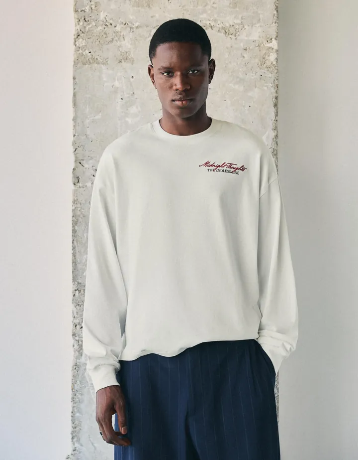 Bershka Camiseta Manga Larga Print Hombre L Blanco