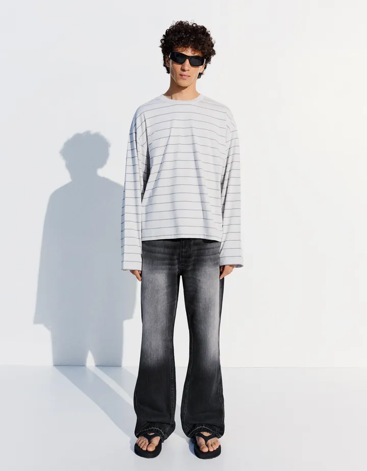 Bershka Jeans Straight Flare Hombre 32 Negro