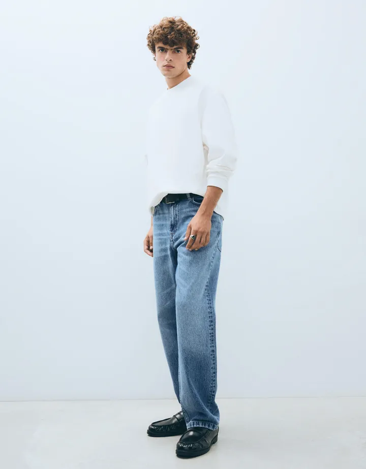 Bershka Jeans Straight Wide Hombre 32 Azul Lavado