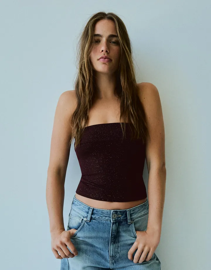 Bershka Top Bandeau Brillo Mujer L Burdeos