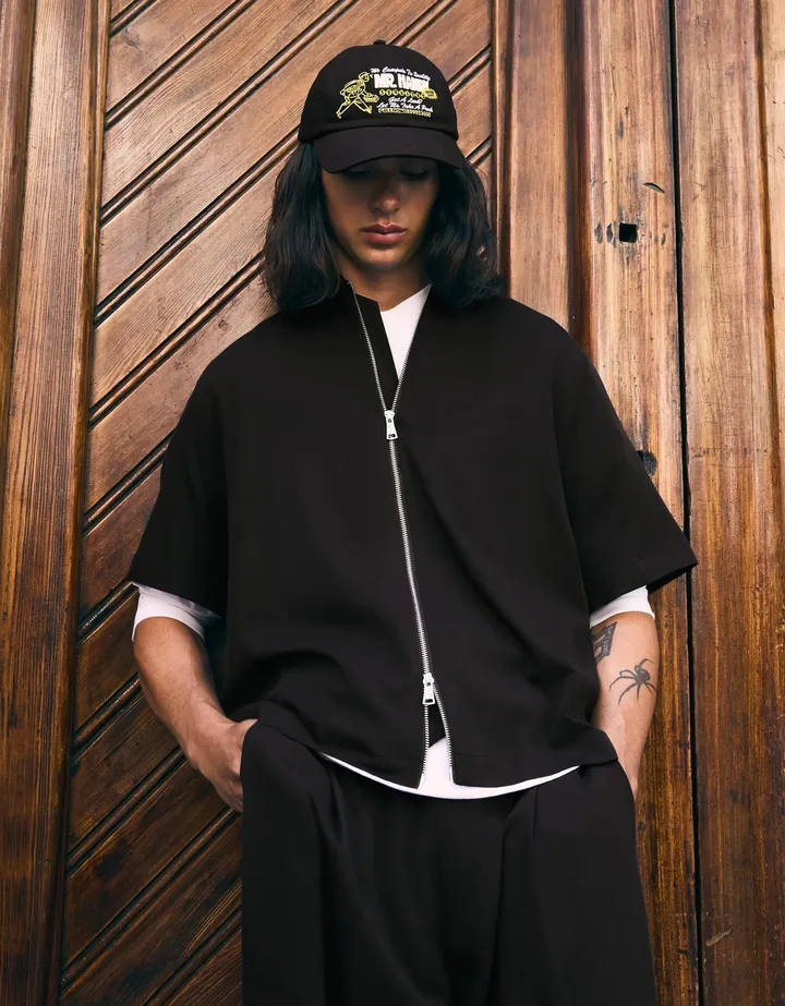 Bershka Camisa Manga Corta Boxy Fluida Hombre L Negro