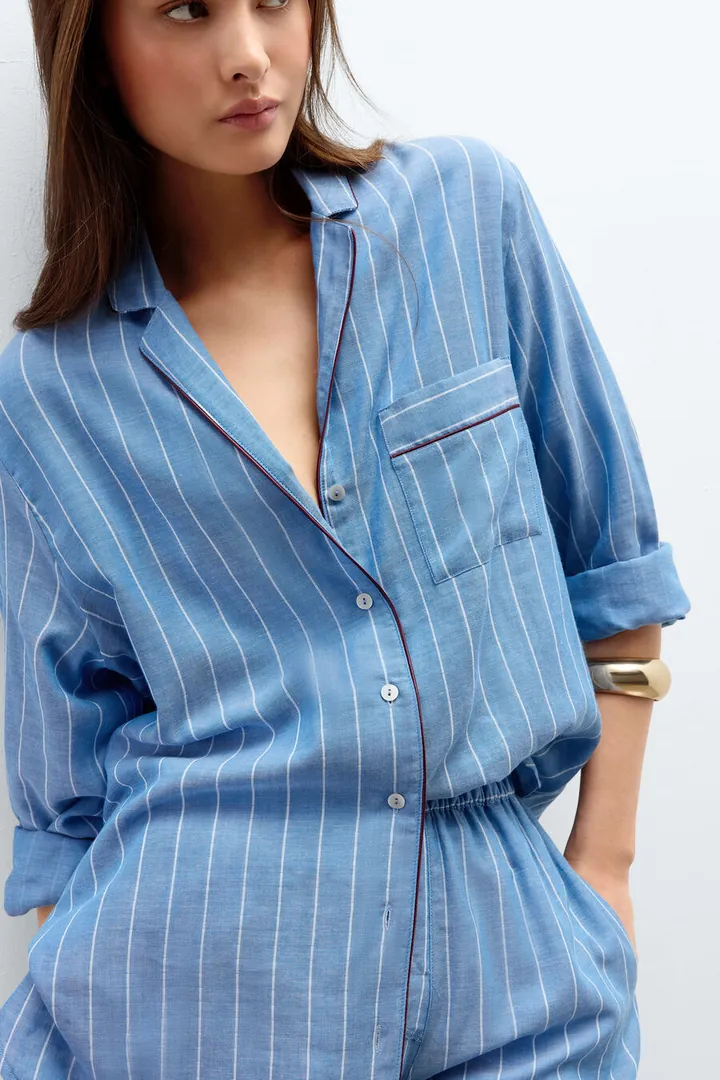 Intimissimi Camisa de Tela de Algodón Preppy Stripes Mujer Azul Tamaño L