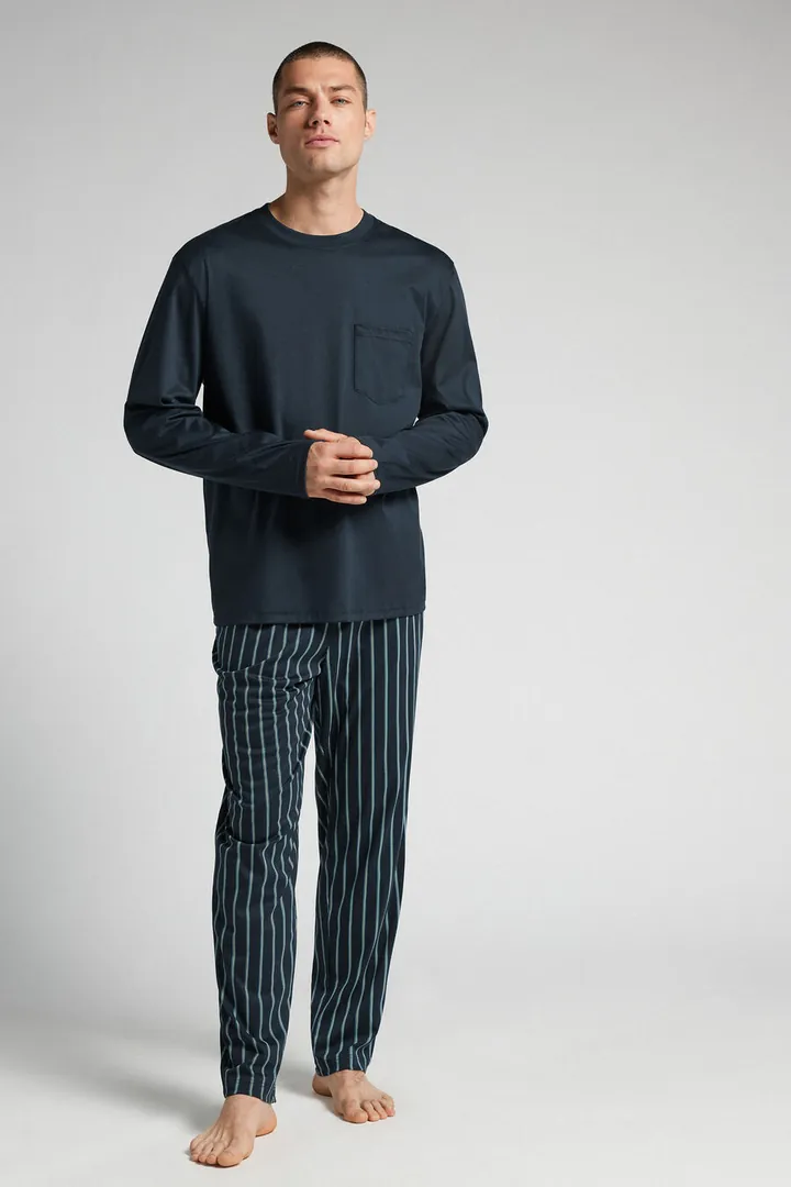 Intimissimi Pijama Largo de Algodón Premium Mercerizado Estampado Hombre Azul Tamaño L