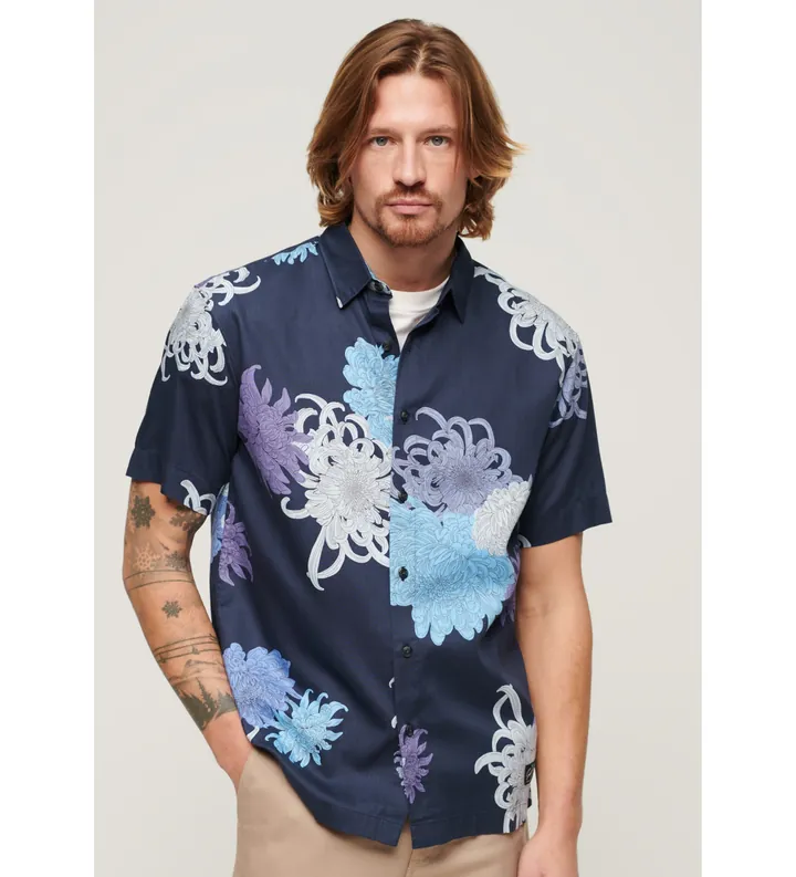 Superdry para hombre. M4010353A Camisa hawaiana marino (L), Casual, Modal, Manga corta