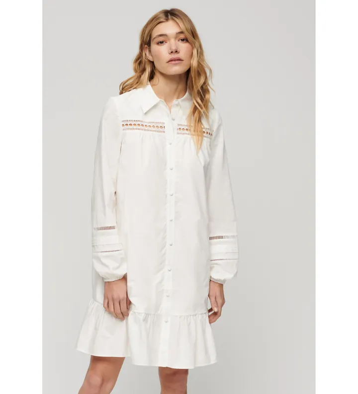 Superdry para mujer. W8011625A Vestido camisero con mezcla de encaje blanco (L), Casual, Algodón, Manga larga