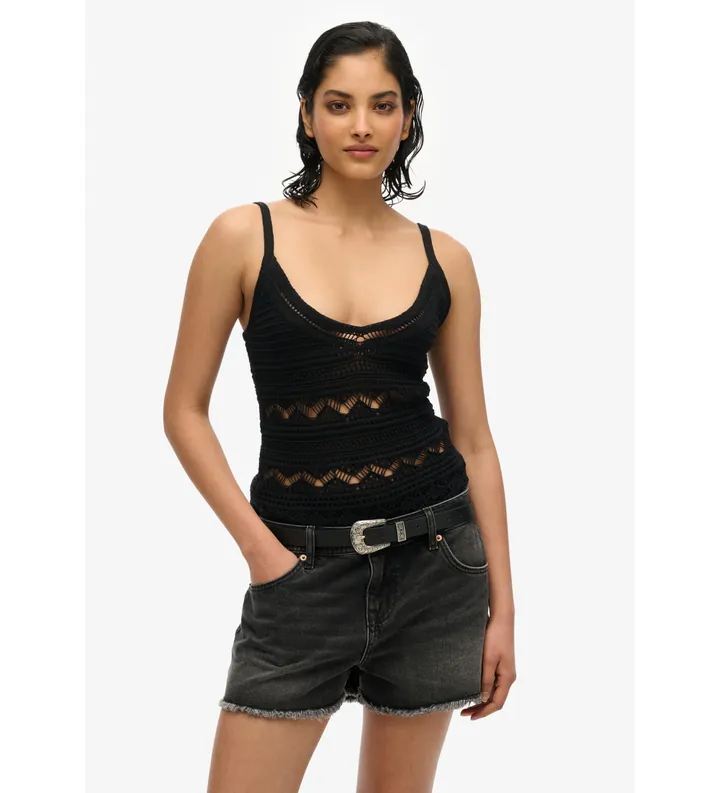 Superdry para mujer. W6012031A Top de crochet negro (M), Casual, Algodón, Sin mangas / Tirantes
