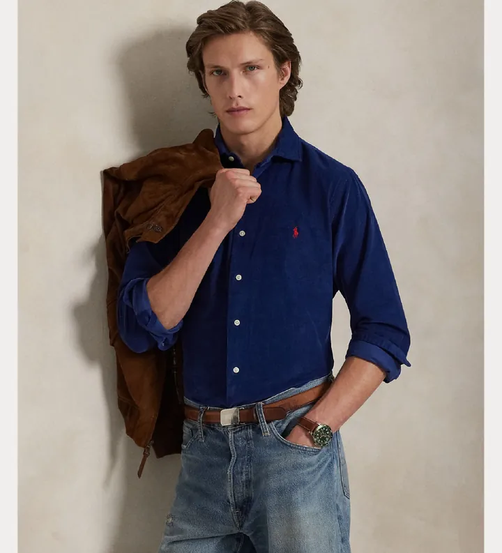 Polo Ralph Lauren para hombre. 710P00518005 Camisa de pana Custom Fit azul (S), Casual, Algodón, Manga larga