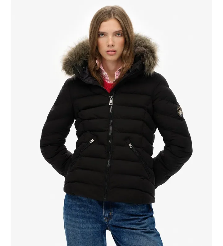 Superdry para mujer. W5012000A Chaqueta Fuji Faux negro (M), Casual, Poliéster Reciclado, Sostenible
