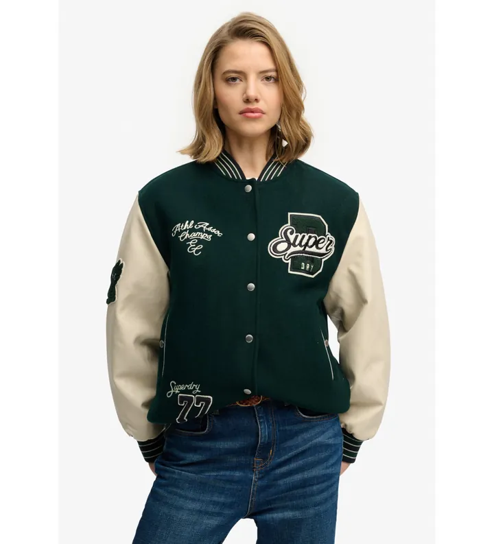 Superdry para mujer. W5012061A Cazadora Patched Varsity Bomber verde (L), Casual, Lana