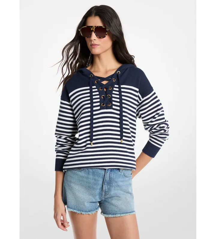 Michael Kors para mujer. MS661G2KWR Sudadera de lana a rayas con capucha y cordones azul (L), Casual