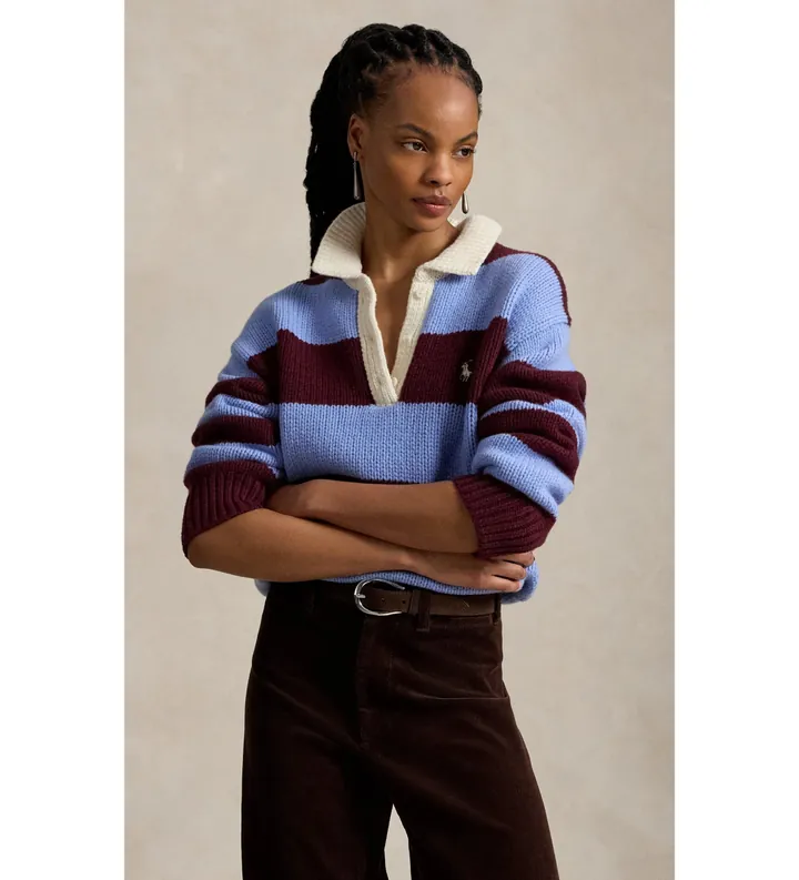 Polo Ralph Lauren para mujer. 211B17752001 Jersey de rugby de mezcla de lana azul, granate (M), Casual