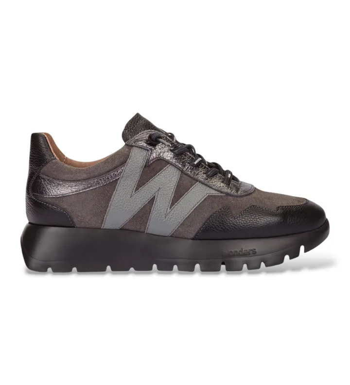 Wonders para mujer. A-24110 Zapatillas de Piel Odisei gris (36), Negro, Plano, 1 a 3cm, Cordones, Casual