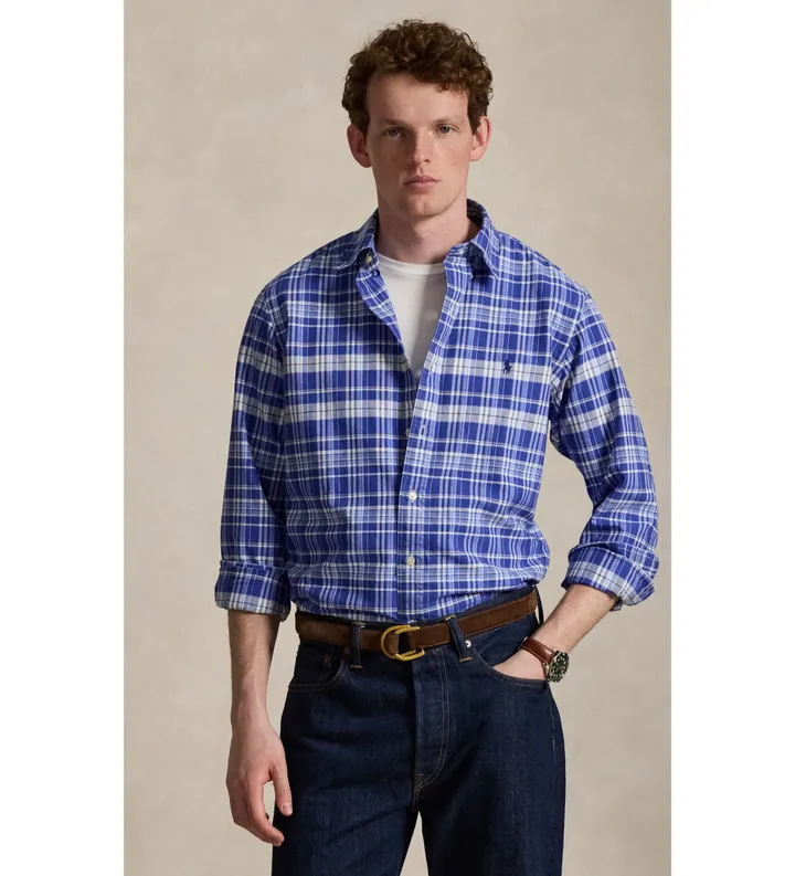 Polo Ralph Lauren para hombre. 710B22598001 Camisa oxford de cuadros Custom Fit azul (L), Casual, Algodón, Manga larga