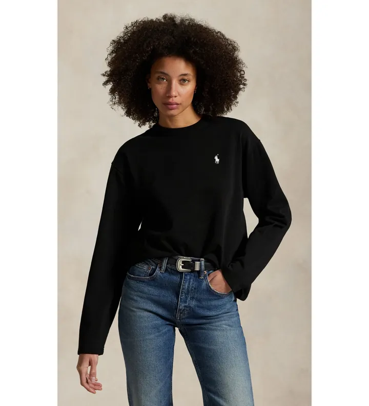 Polo Ralph Lauren para mujer. 211967105002 Camiseta de punto jersey de algodón negro (L), Casual, Manga larga