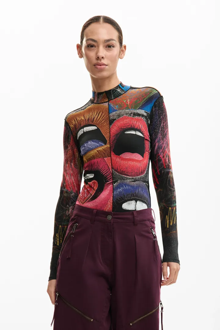 Desigual, Camiseta manga larga cuello alto, Mujer, Viscosa, Negro, L