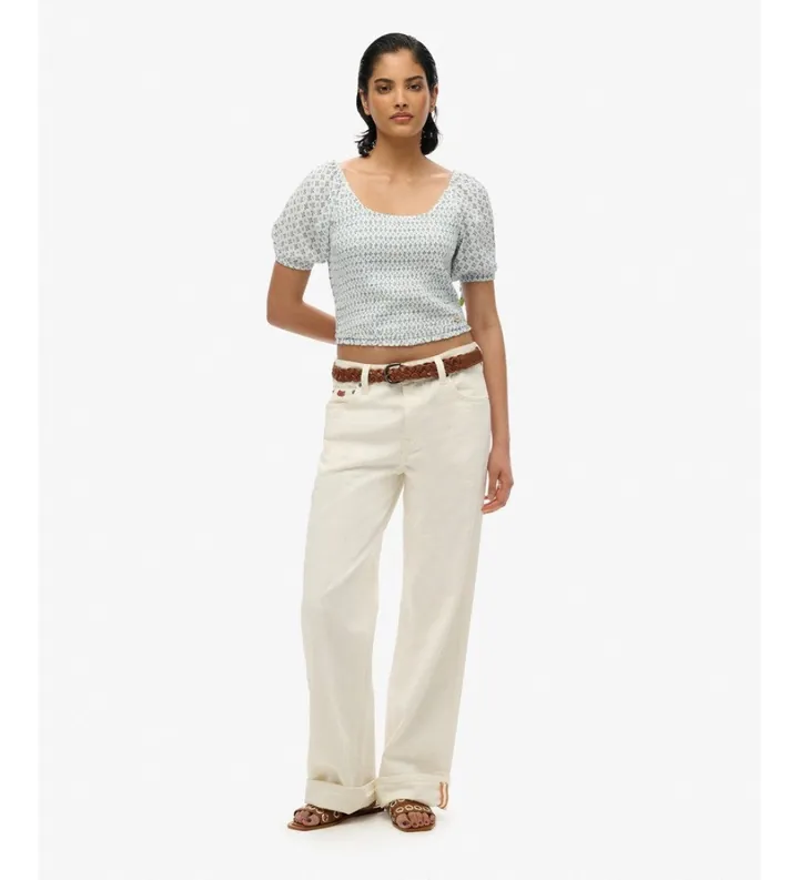 Superdry para mujer. W6011857A Top Smocked Woven azul (L), Casual, Viscosa, Manga corta