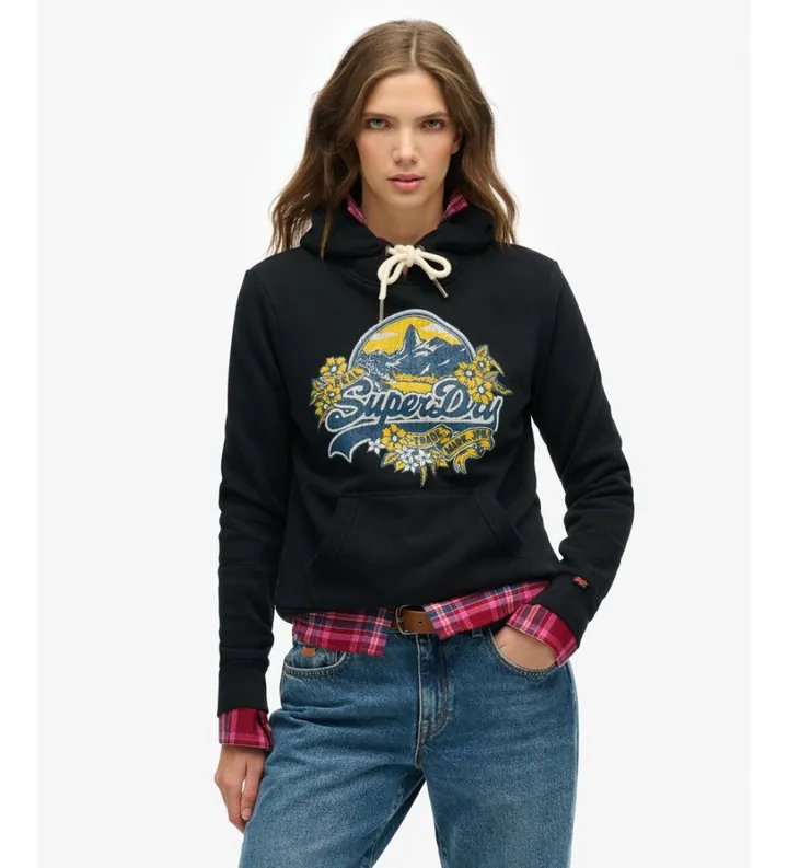 Superdry para mujer. W2012535A Sudadera con capucha Floral negro (M), Casual, Algodón, Manga larga