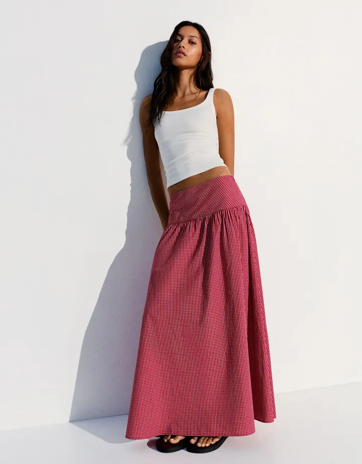 Bershka Falda Midi Evasé Mujer L Rojo