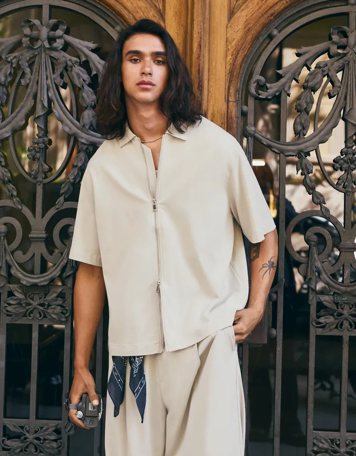 Bershka Camisa Manga Corta Boxy Fluida Hombre L Piedra