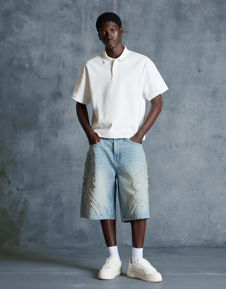Bershka Bermuda Baggy Parche Hombre 32 Azul Claro