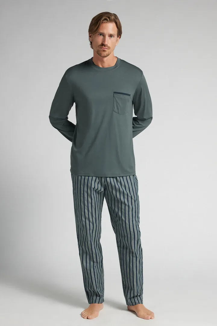 Intimissimi Pijama Largo de Algodón Premium Mercerizado y Tela Estampado Rayas Hombre Verde Tamaño L