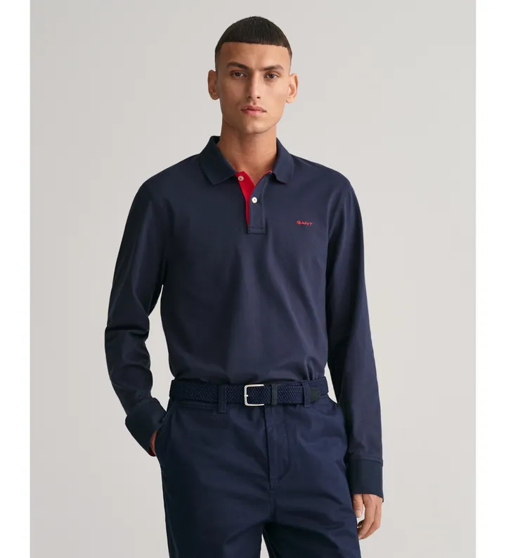Gant para hombre. 2065004 Rugger de piqué en contraste (S), Casual, Algodón, Manga larga, Marino