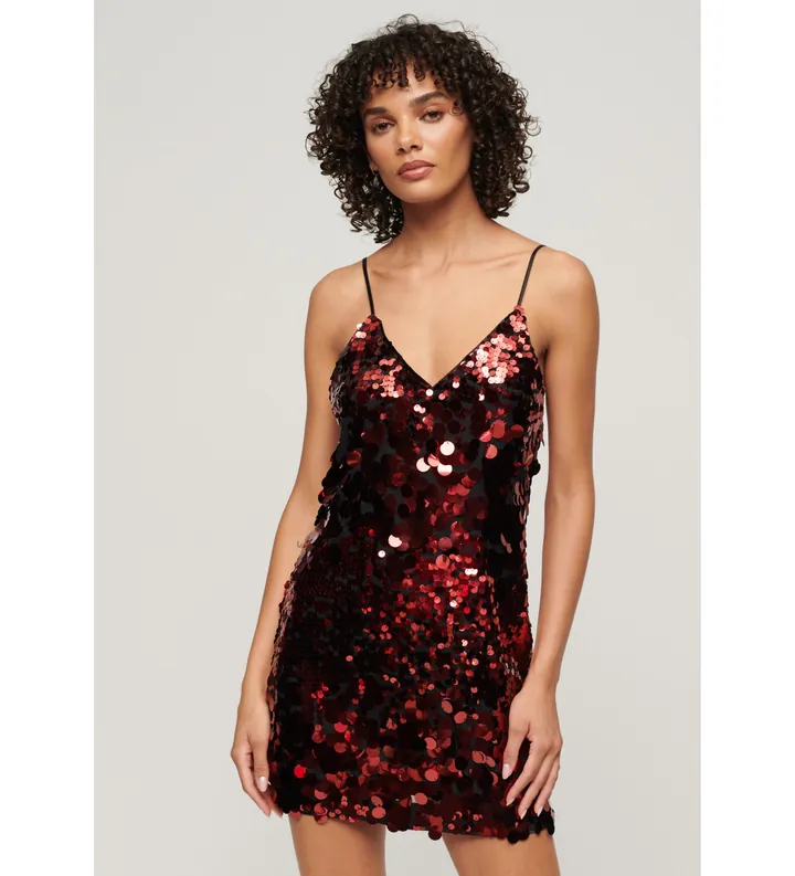 Superdry para mujer. W8011718A Minivestido con lentejuelas Disco rojo (L), Casual, Fiesta, Poliéster, Sin mangas / Tirantes
