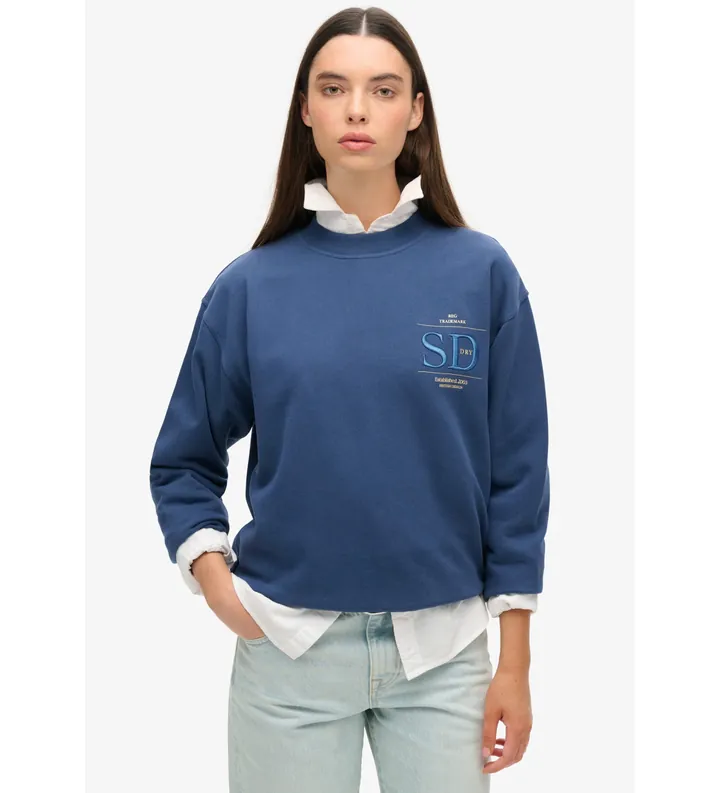 Superdry para mujer. W2012154A Sudadera de corte holgado con logotipo metalizado Luxe azul (L), Casual, Algodón, Sostenible