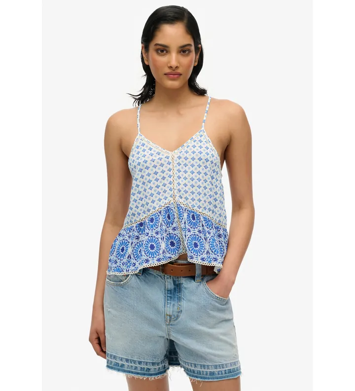 Superdry para mujer. W6011647A Top Vintage Cami azul (L), Casual, Poliéster, Sin mangas / Tirantes