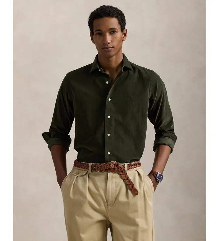 Polo Ralph Lauren para hombre. 710P00518009 Camisa de pana Custom Fit verde (XL), Casual, Algodón, Manga larga