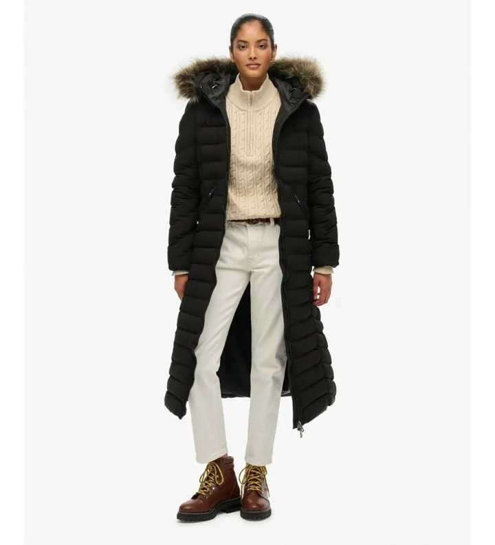 Superdry para mujer. W5012001A Abrigo Fuji faux fur longline negro (M), Casual, Poliéster