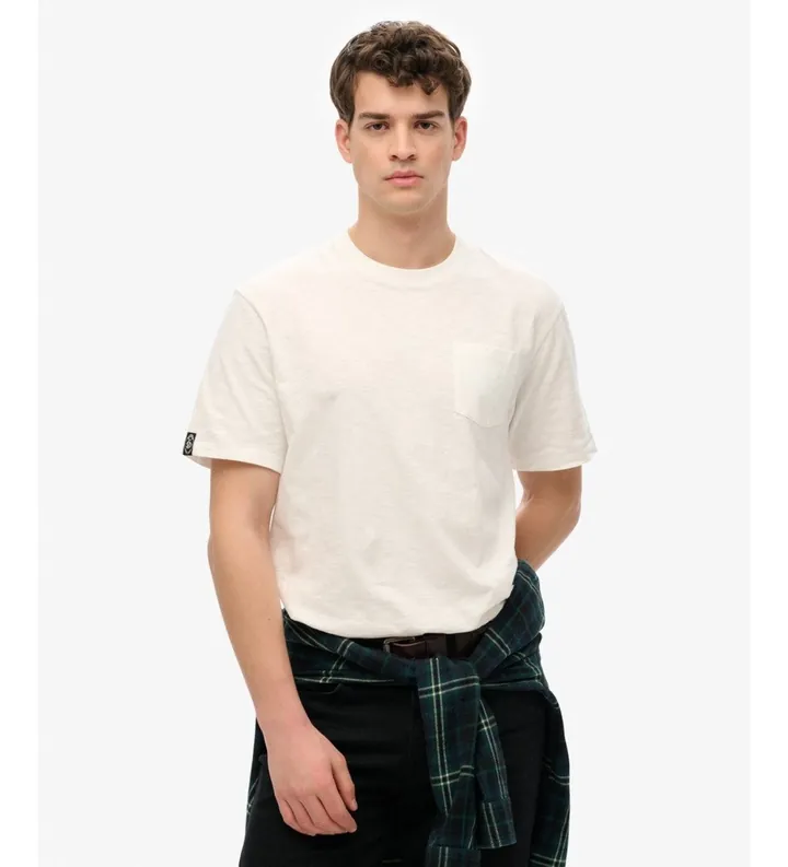 Superdry para hombre. M1012096A Camiseta Merchant Pocket blanco roto (L), Casual, Algodón, Manga corta