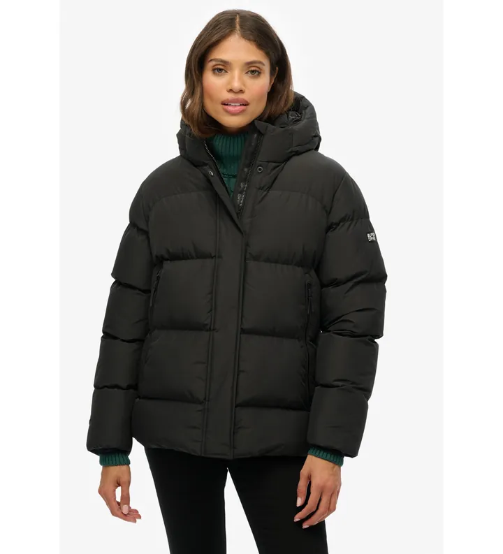 Superdry para mujer. W5012004A Abrigo Hooded 5 Baffle Sports negro (L), Casual, Poliéster Reciclado, Sostenible