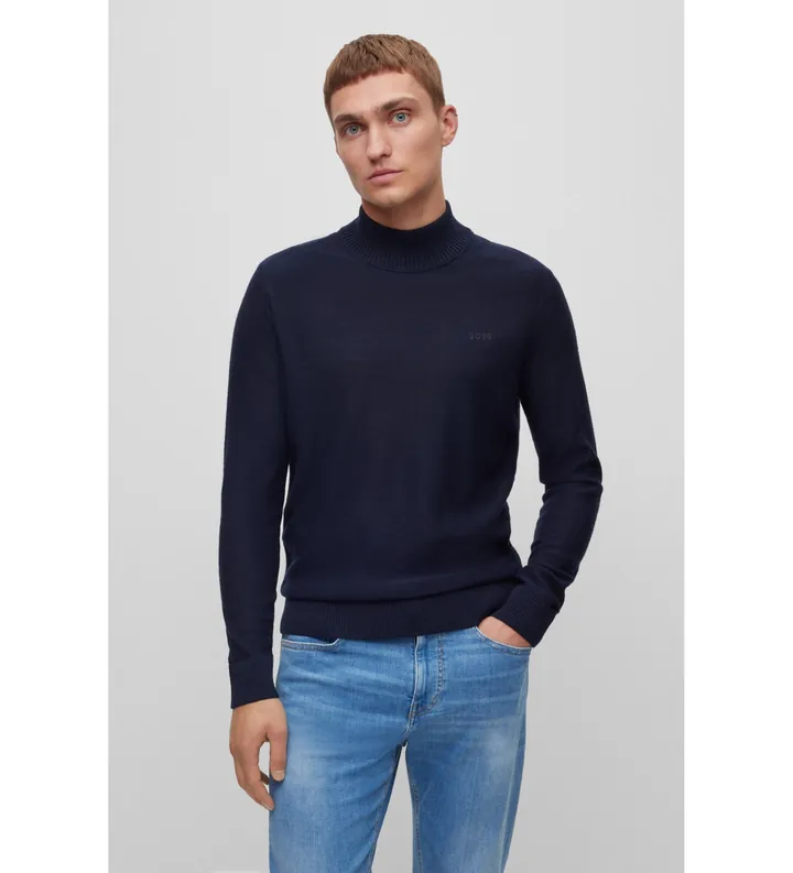 BOSS para hombre. 50501761 Jersey de cuello alto de mezcla de lana con logo bordado marino (L), Casual