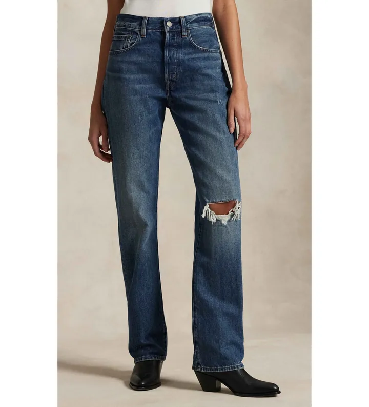 Polo Ralph Lauren para mujer. 211969401001 Jeans de tiro alto Relaxed Straight Fit azul (24/32), Casual, Algodón, Denim