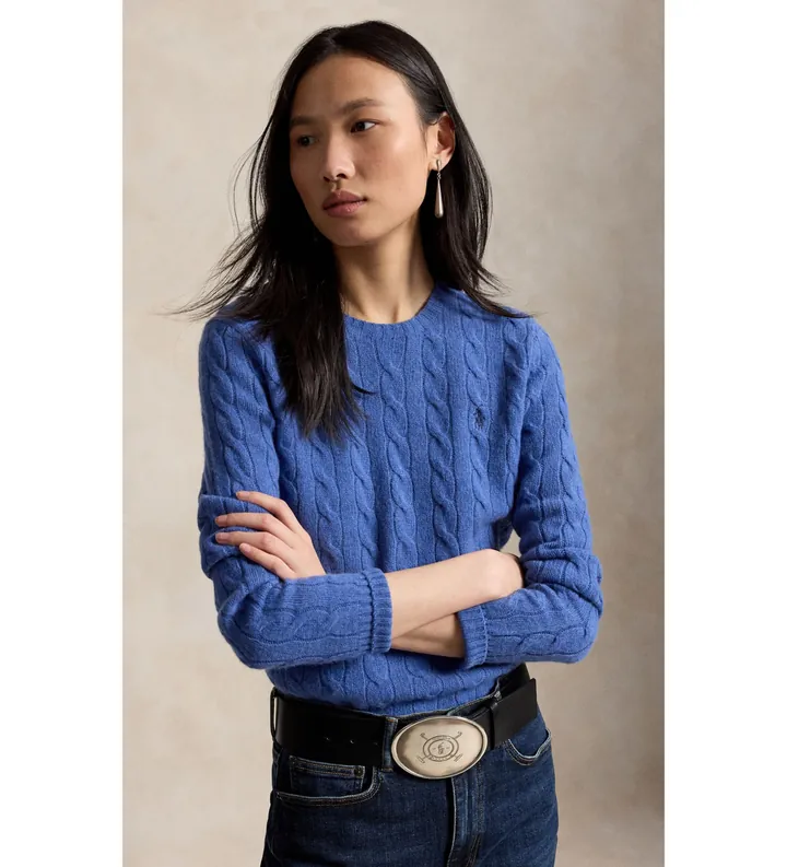 Polo Ralph Lauren para mujer. 211971865503 Jersey de lana y cachemira azul (L), Casual, Manga larga