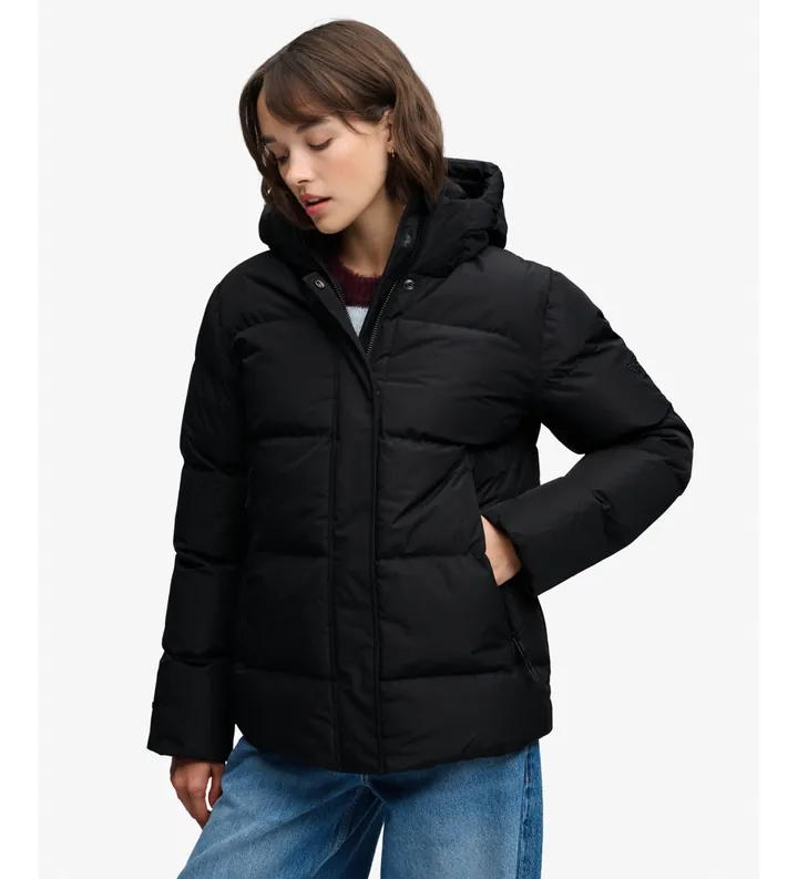 Superdry para mujer. W5012178A Chaqueta Acolchada Deportiva 5 Baffle con Capucha negro (L), Casual, Poliéster