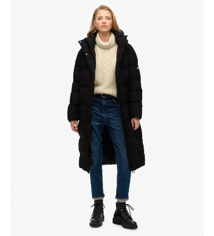 Superdry para mujer. W5012143A Abrigo con capucha Hooded Longline negro (M), Casual, Poliéster