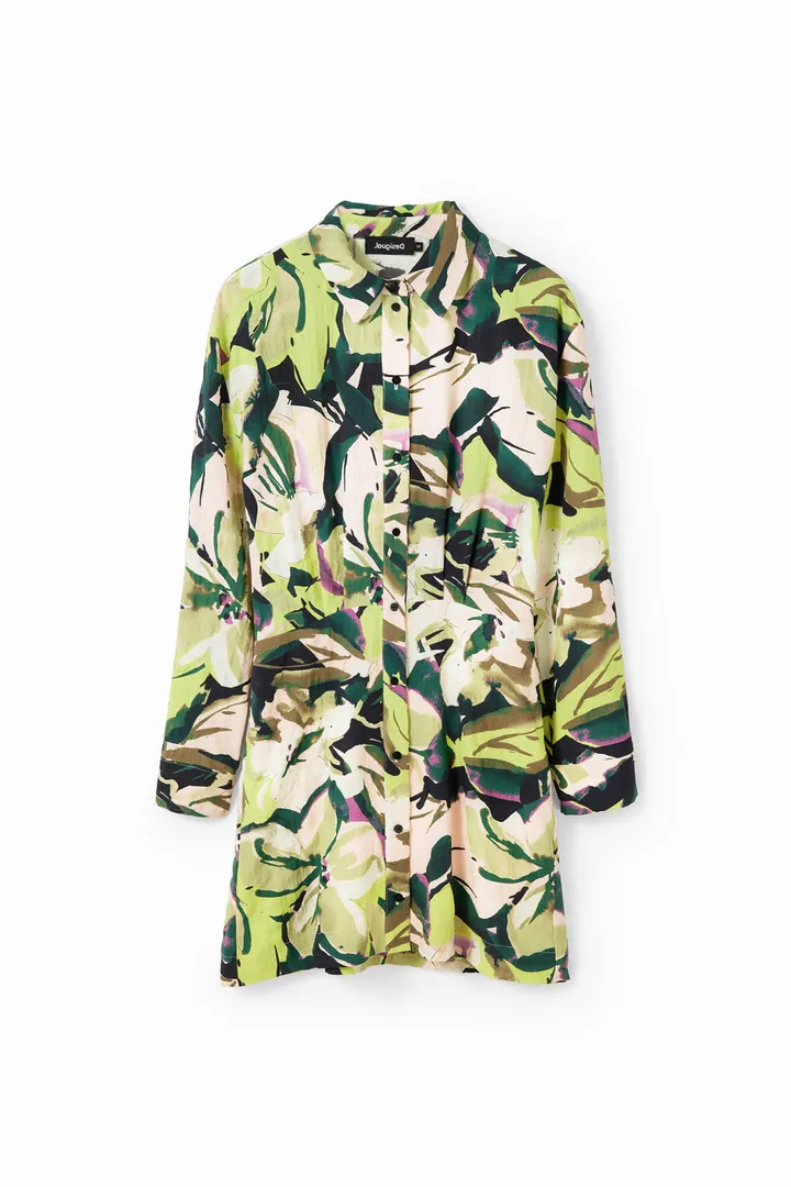 Desigual, Vestido camisero corto flores, Poliester, Blanco, L