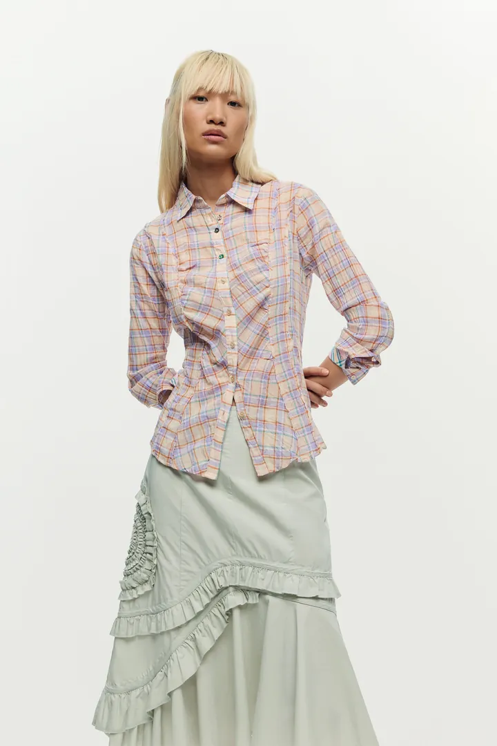 Desigual, Camisa cuadros fruncido, Mujer, Algodon, Rojo, L