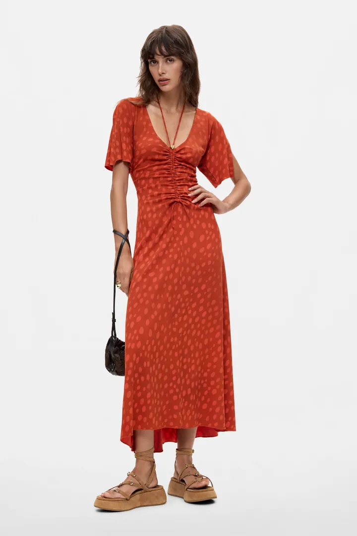 Desigual, Vestido Midi Escote Pico, Mujer, Viscosa, Naranja, L