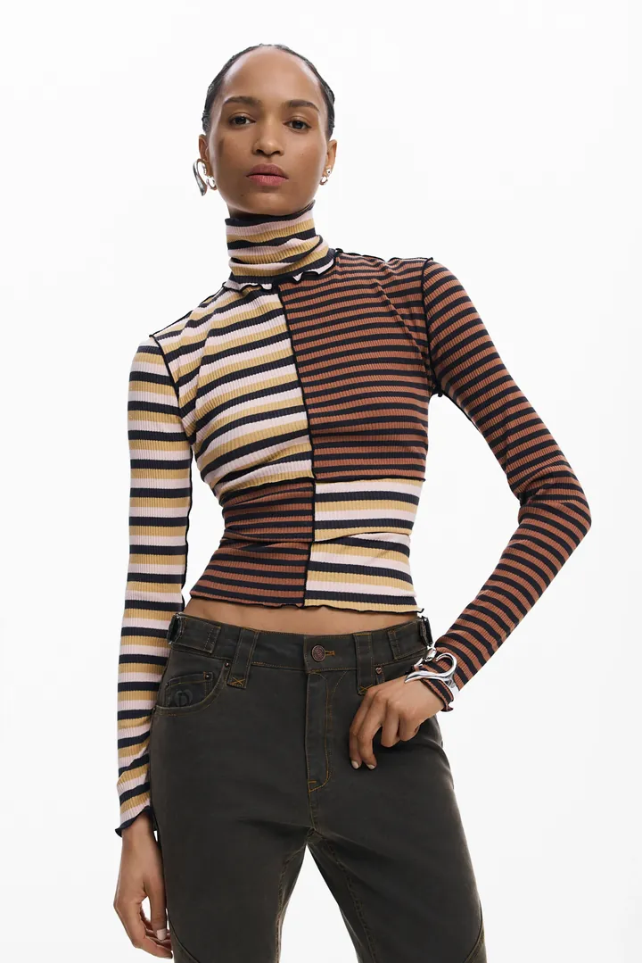 Desigual, Camiseta manga larga cuello alto, Mujer, Algodon, MarróN, L