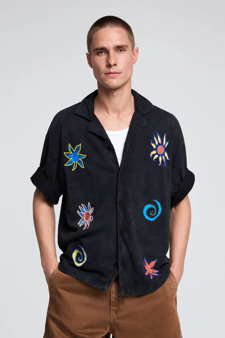 Desigual, Camisa bordada algodón, Hombre, Algodon, Negro, L