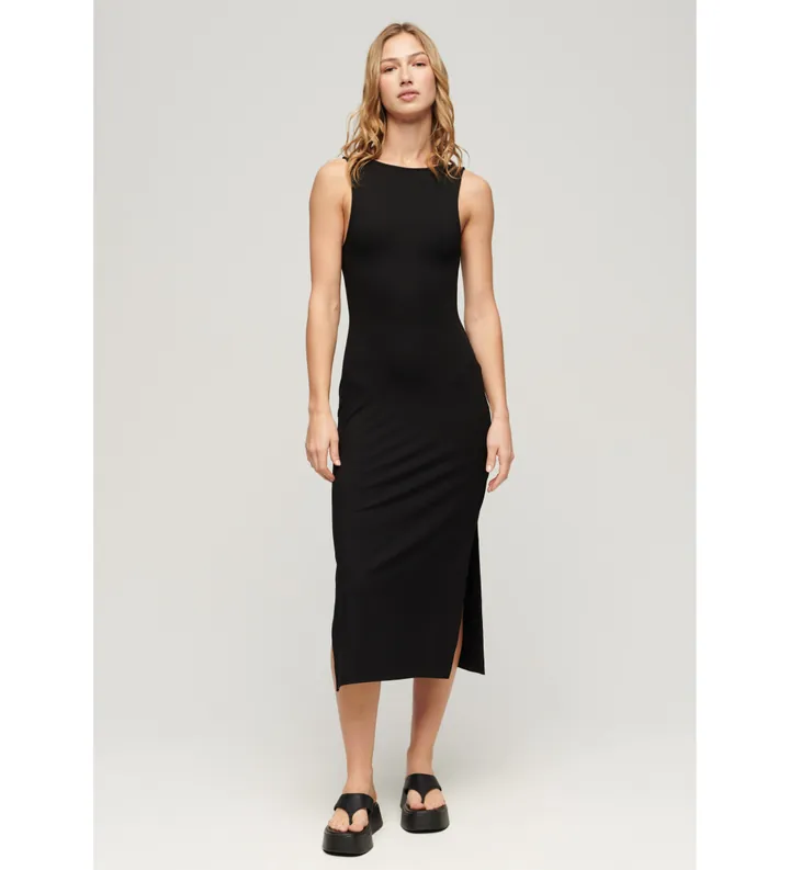 Superdry para mujer. W8011612A Vestido midi de punto con espalda cruzada negro (M), Casual, Viscosa, Sin mangas / Tirantes