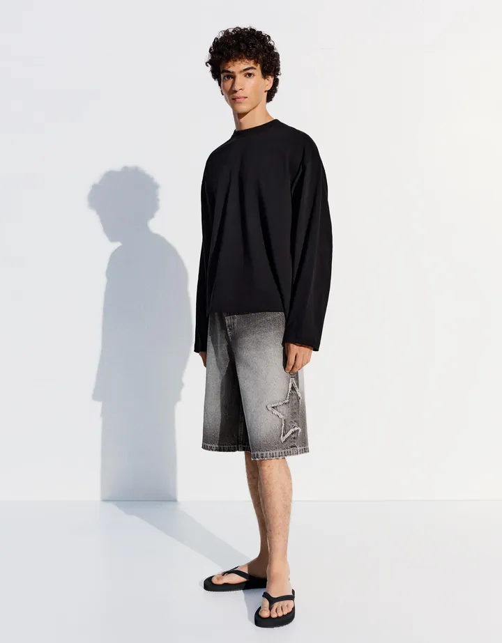 Bershka Bermuda Baggy Estrellas Hombre 32 Gris