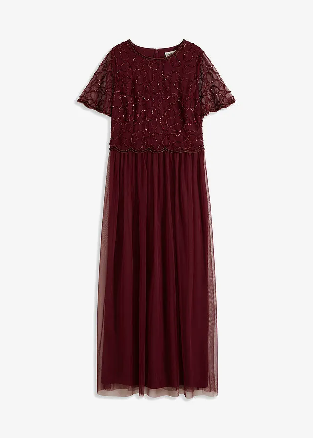 Vestido maxi de tul fino con bordado de lentejuelas