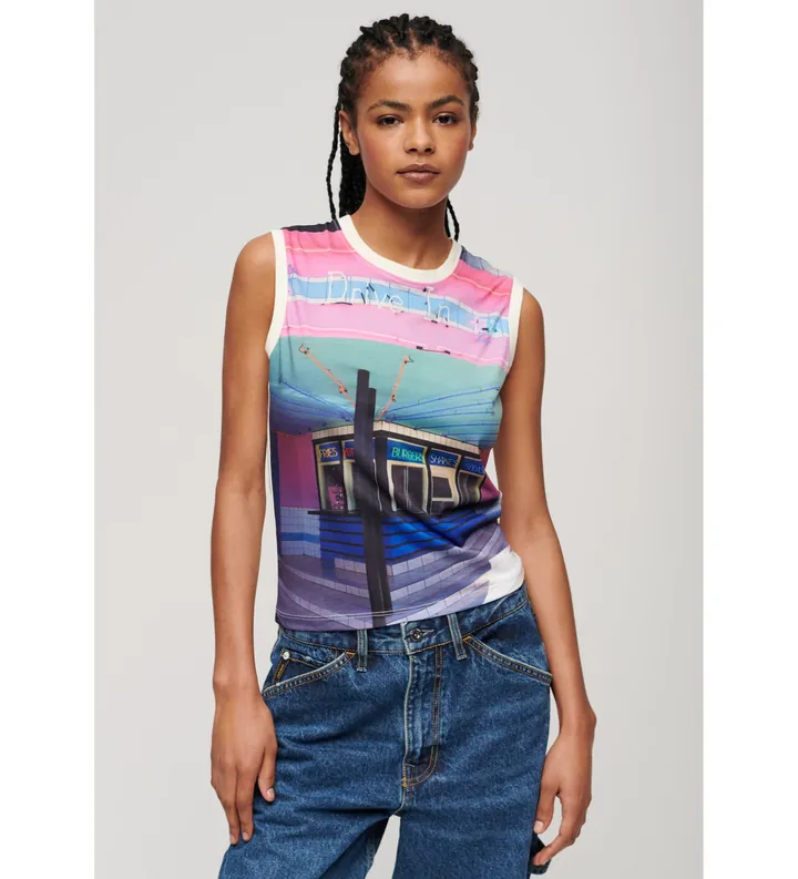 Superdry para mujer. W6011959A Camiseta de tirantes con subestampado blanco (M), Casual, Algodón, Sin mangas / Tirantes