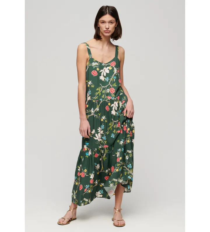 Superdry para mujer. W8011725A Vestido largo escalonado tejido verde (M), Casual, Viscosa, Sin mangas / Tirantes