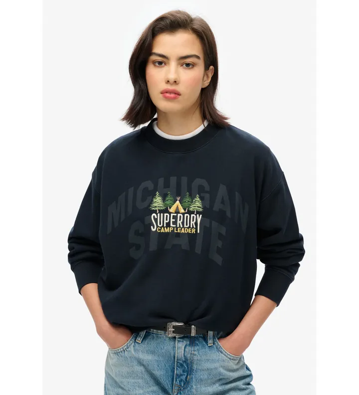 Superdry para mujer. W2012156A Sudadera de corte holgado y cuello redondo Travel Souvenir marino (L), Casual, Algodón, Sostenible